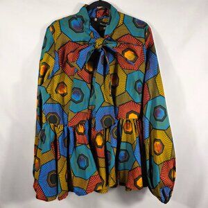 Mae Otti Bibi African Print Peplum Blouse Women's Size XXL Vivid Colors NEW